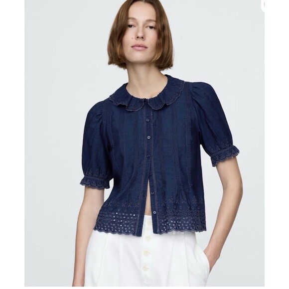 Doen Tops - Gap x DOEN Eyelet Shirt Large Indigo Puff Sleeve Button Front Ruffled Collar Top